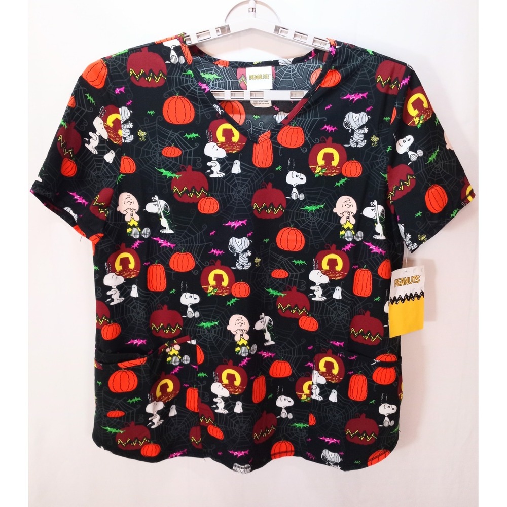 New Peanuts Halloween Women's Scrub Top, Large, Great Pumpkin, Careismatic